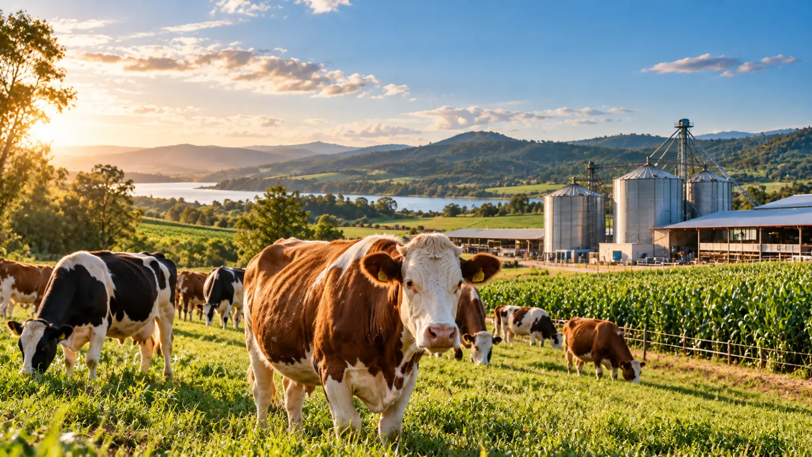 Brown-and-white and black-and-white cattle grazing on green pasture beside cultivated feed crops, with farm buildings, grain silos, rolling hills and a lake in the background.