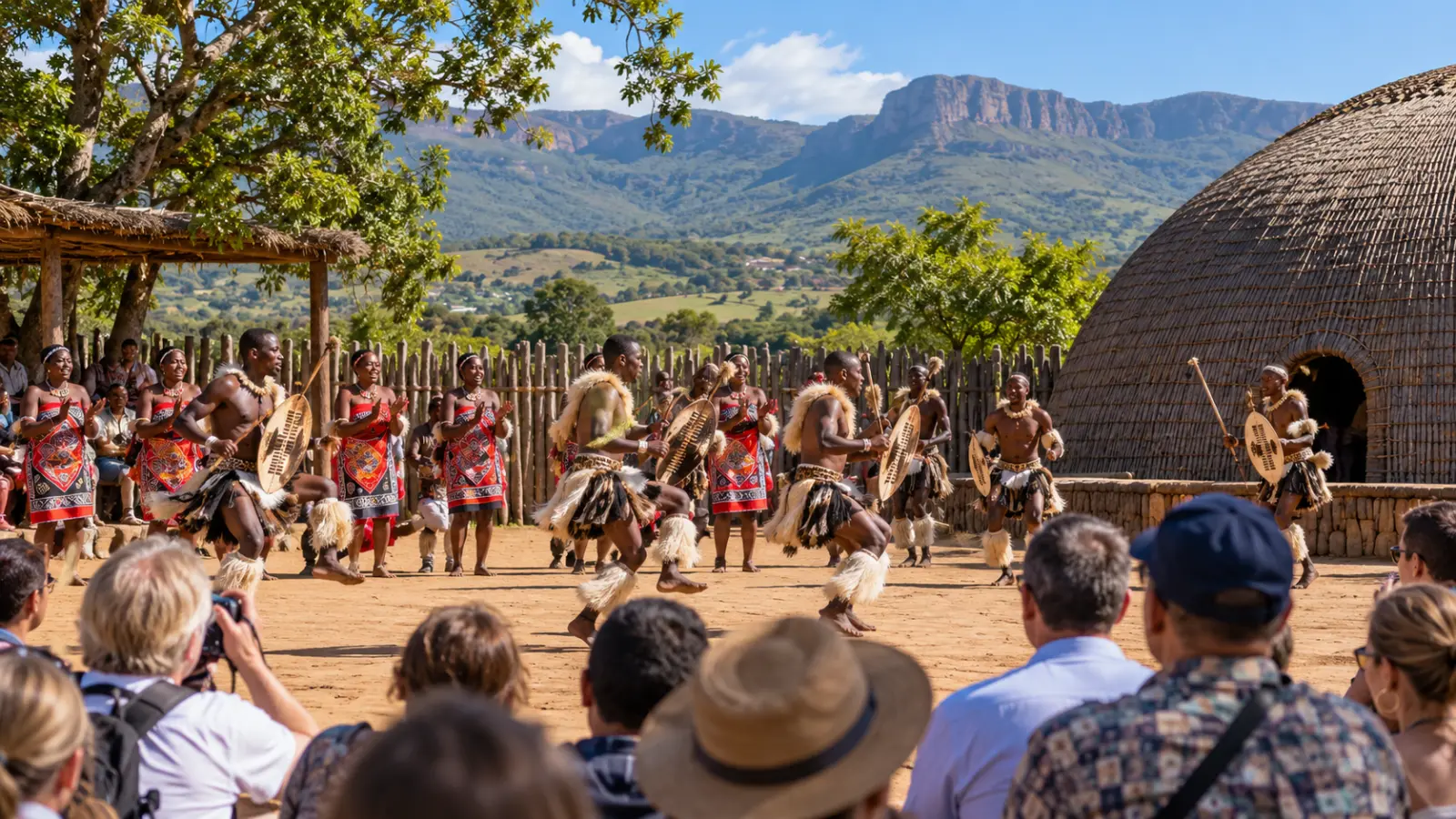 Traditional Swazi dancers wearing ceremonial clothing and carrying shields perform before tourists near thatched huts, with green mountains in the background.