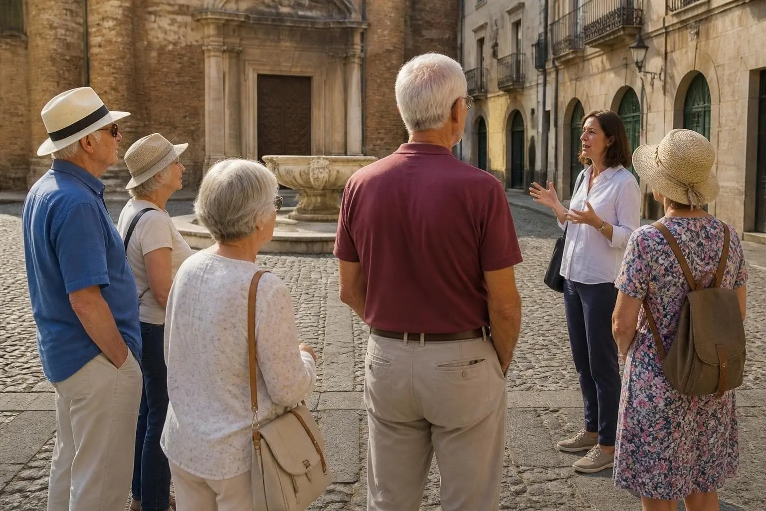 Group of older adult travellers seen from behind, listening to a guide in a cobbled old town square in warm afternoon light