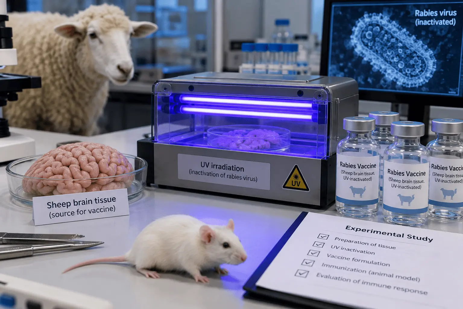 Laboratory apparatus for ultraviolet treatment of experimental sheep-brain rabies vaccine