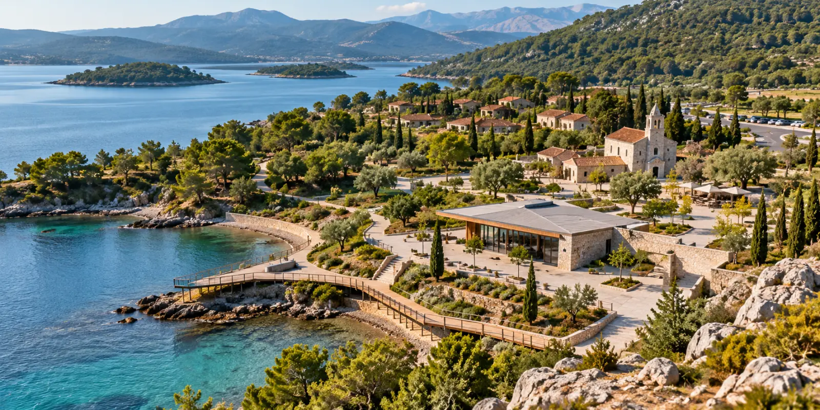 Coastal tourism region with paths, visitor facilities, woodland and protected shoreline