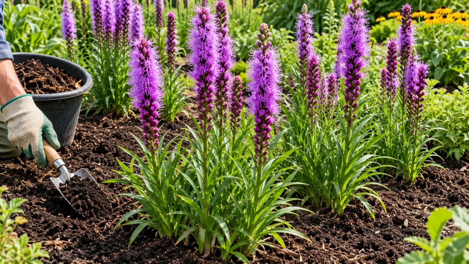 Purple Liatris spicata flower spikes rising above narrow green leaves in a botanical illustration.