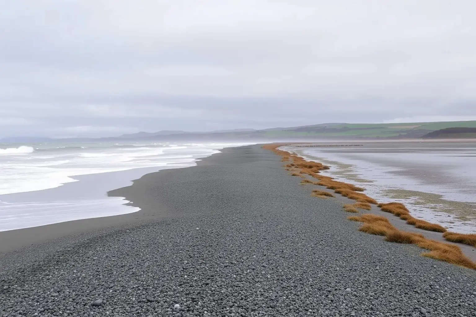 Grey gravel barrier beach with ocean surf on one side and a calm shallow lagoon with mudflats and tussock on the other, green farmland hills behind