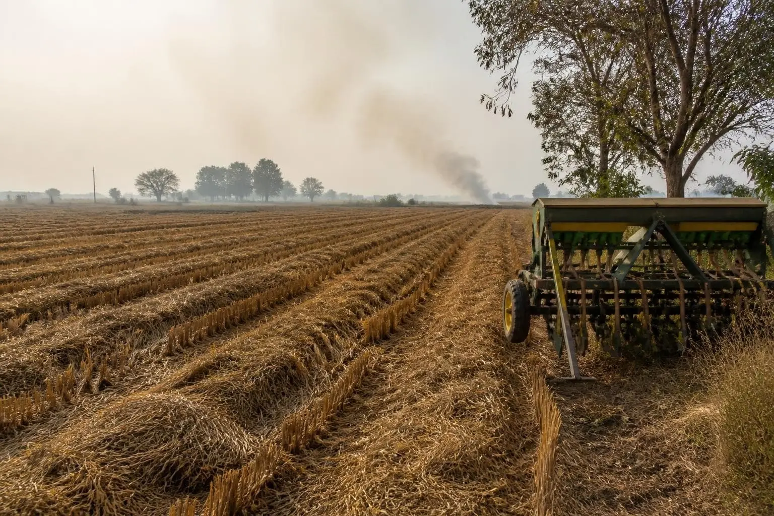 Rows of loose rice straw and short stubble on a harvested paddy field with a seed drill at the edge and a hazy sky in the distance