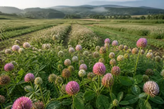 Close-up of alsike clover with pink-and-white globe-shaped flower heads and trifoliate leaves, with forage rows and hills behind