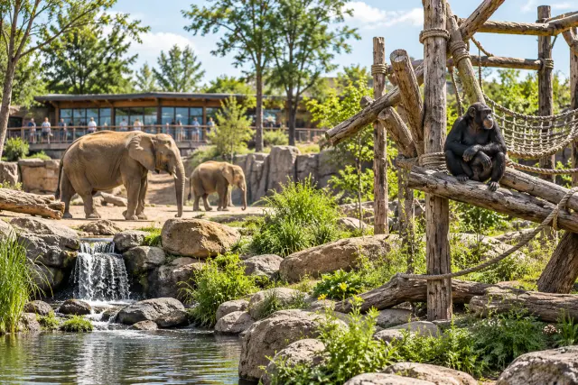 Editorial illustration comparing a barred zoo enclosure with a landscaped habitat exhibit.