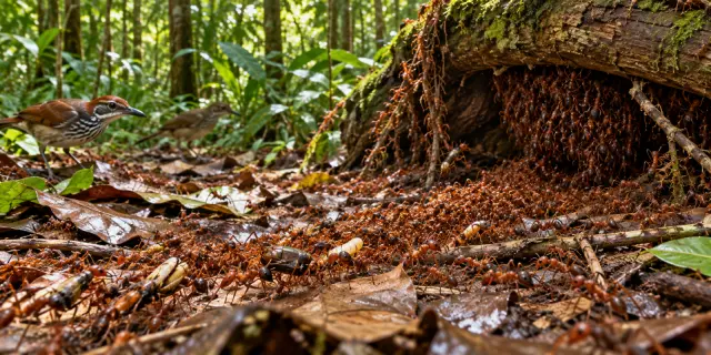 Army ant raid on rainforest litter beside a bivouac and ant-following birds