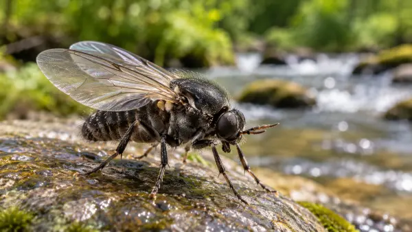 Macro view of a dark adult blackfly on a wet rock beside a fast-flowing stream.
