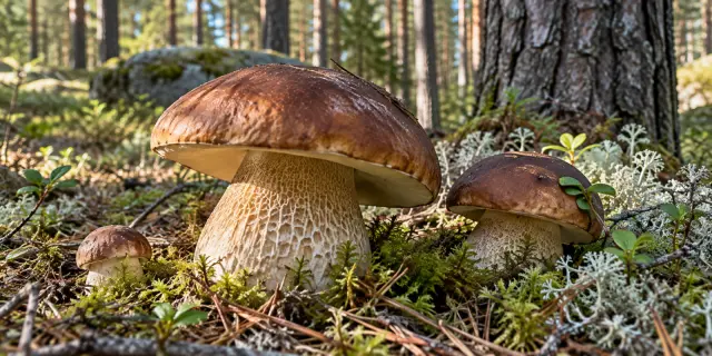 Brown-capped bolete mushrooms growing among moss and pine needles in forest