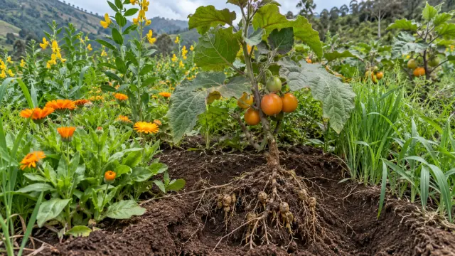 Illustration of a naranjilla plant, galled roots, and calendula, crotalaria and oat cover crops.