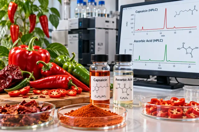 Red and green Capsicum fruits beside laboratory vials and an HPLC chromatogram used to compare capsaicin and vitamin C levels.