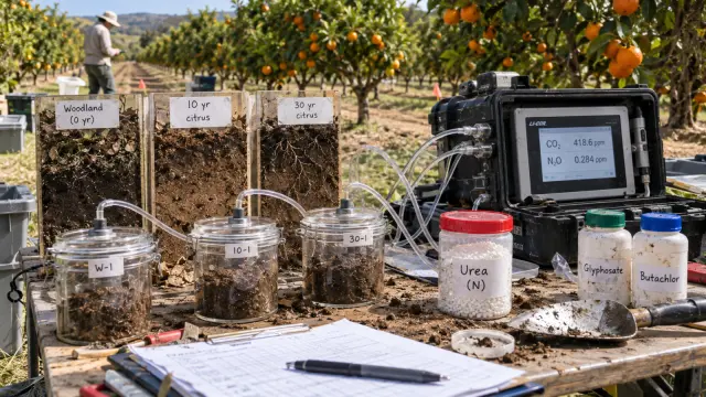 Citrus orchard soil jars with urea, herbicides and a portable gas analyser