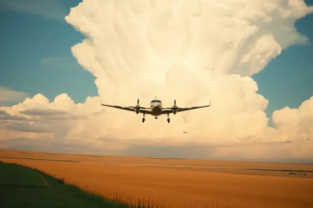 A small twin-engine propeller aircraft flying low beneath a towering cumulus cloud above flat golden wheat fields
