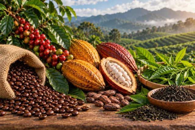 Roasted coffee beans spilling from a burlap sack beside red coffee cherries, yellow and red cocoa pods, an opened cocoa pod with white pulp, and fresh and dried tea leaves, with green plantation hills in the background.