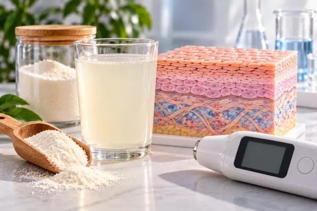 Glass of a pale collagen drink, jar and wooden scoop of collagen powder, anatomical cross-section showing the stratum corneum, epidermis and dermis, and a digital skin moisture meter on a laboratory tabletop.