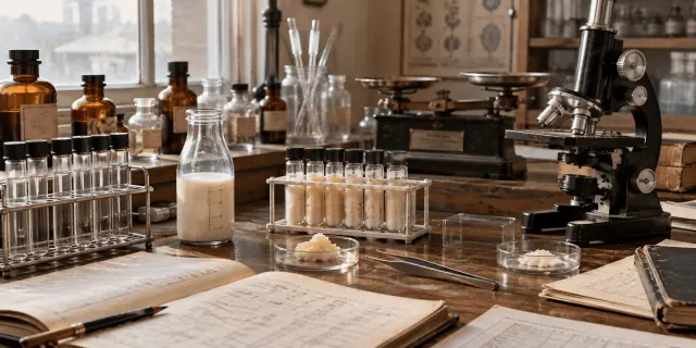 Vintage laboratory bench with milk samples, tissue specimens, microscope and balance