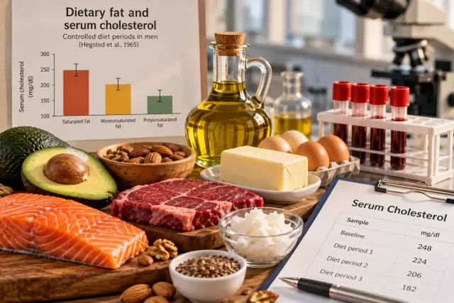 Illustration of dietary fats, blood samples and laboratory serum cholesterol analysis.