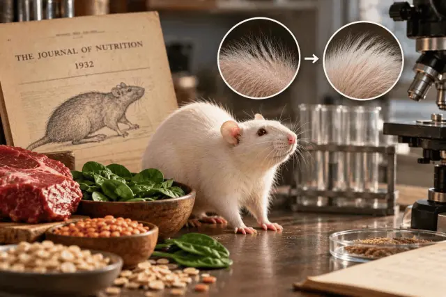 Illustration of a laboratory rat, sheep and iron-rich mineral material representing a 1932 dietary iron experiment.