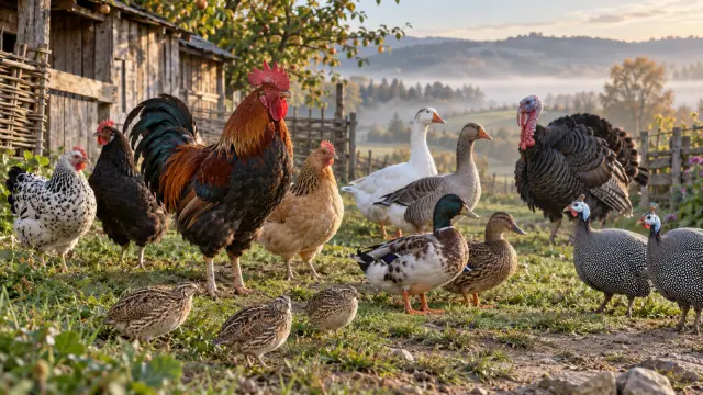 Bar chart showing 56 chickens, 36 geese, 13 turkeys, 9 ducks, 4 quail and 3 guineafowl.