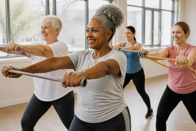 Group of smiling adult women using resistance bands during an exercise class in a sunlit community gym