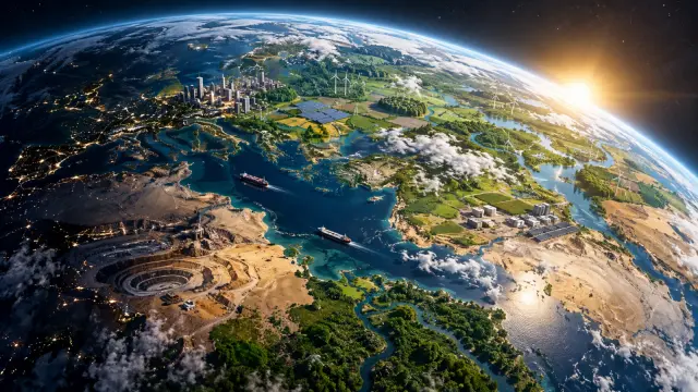 Earth from orbit showing cities, farms, mines, forests and renewable energy systems.