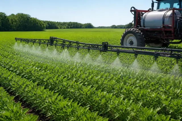 Tractor with an extended spray boom applying a fine mist over rows of green soybean plants under a clear sky