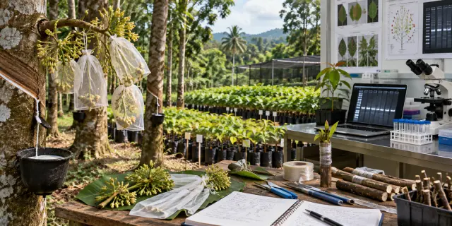 Rubber trees, bagged flowers, nursery seedlings and a molecular breeding workbench