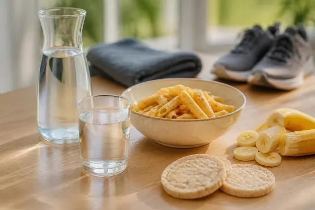 Glass of water and carafe next to a bowl of pasta, sliced banana and rice cakes, with running shoes and a towel in the background