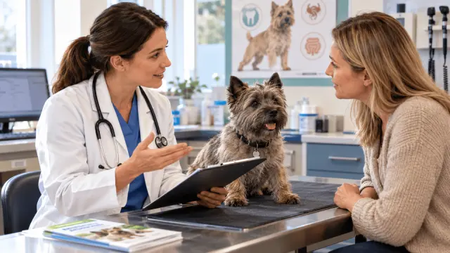 Veterinarian in a white coat holding a clipboard and speaking with a dog owner beside a Cairn Terrier on an examination table, with veterinary equipment and pet health posters in the background.