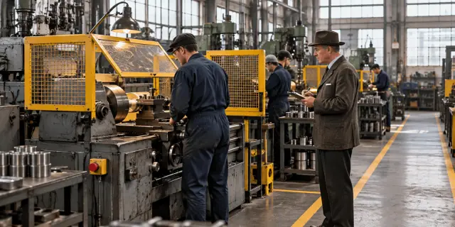 Factory worker operating guarded machinery while a supervisor records observations