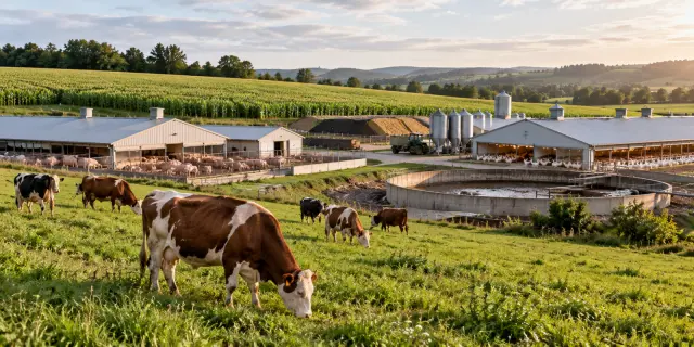 Cattle grazing beside pig and poultry barns, feed silos and manure storage