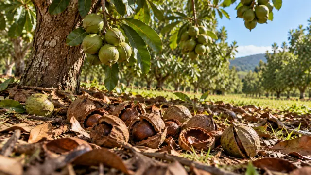 Fallen brown macadamia husks and shells on the ground beneath trees bearing green macadamia fruits.