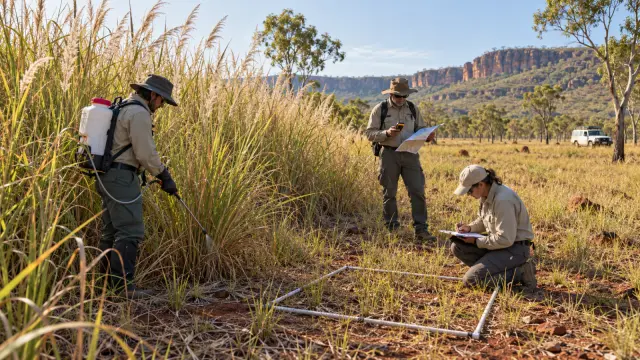 Editorial illustration of invasive grass, monitoring, research and long-term management planning