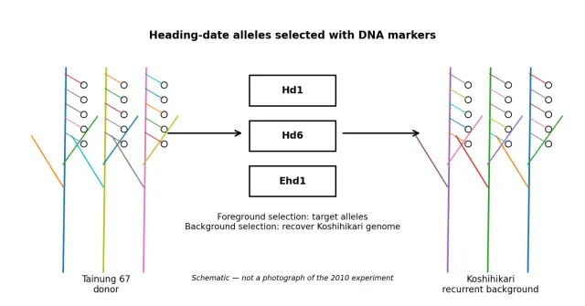Diagram of rice plants and markers for Hd1, Hd6 and Ehd1 introgression into Koshihikari.