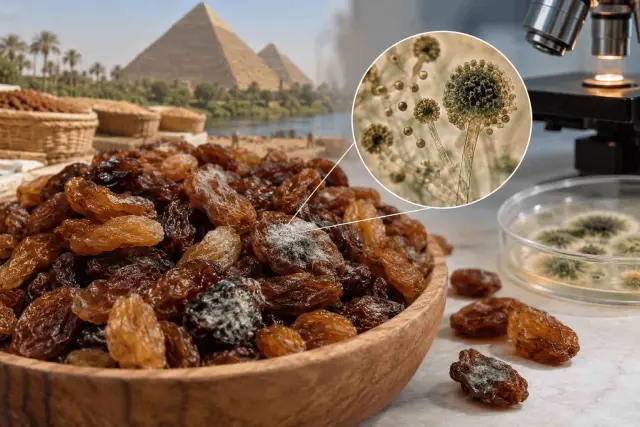 Illustration of dried raisins beside laboratory culture plates representing fungal testing and mycotoxin analysis.