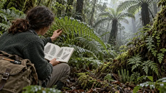 Person examining a fern frond beside an open field guide in a dense forest