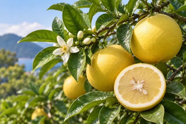 Golden citrus fruit and a white blossom among glossy green leaves in an orchard scene.