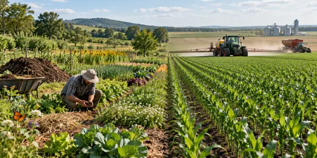 Organic crop plots beside a conventional maize field with tractors and sprayer