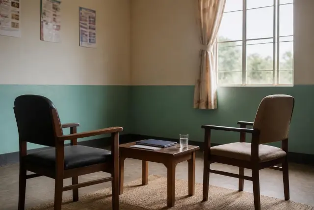 Two chairs facing each other beside a small wooden table with a folder and a glass of water in a quiet clinic counselling room lit by a curtained window
