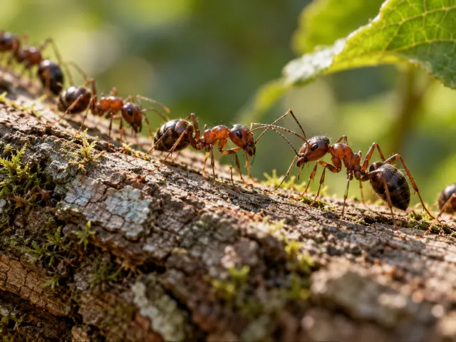 Ant workers moving together across a surface during coordinated foraging activity.
