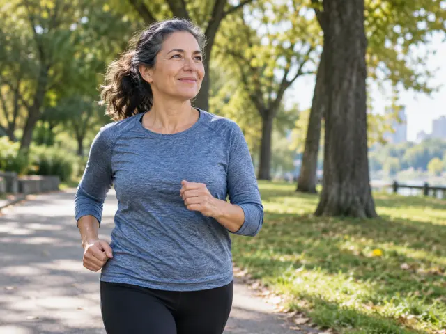Three middle-aged adults walking and jogging along a green park path.