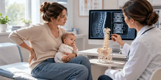 Postpartum mother with back pain discussing spine imaging with a doctor