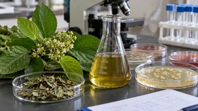 Green Premna latifolia leaves and white flowers beside a flask of plant extract and Petri dishes, with a microscope, magnified Streptococcus bacteria and a tooth in the background.