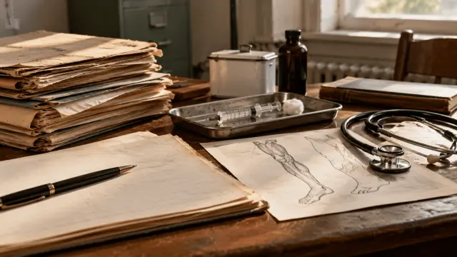 Vintage medical desk with patient records, a syringe, stethoscope and anatomical drawings of the lower limbs.