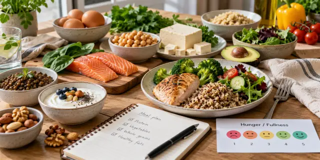Protein-rich foods beside a meal plan and a hunger-fullness rating scale