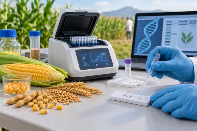 Food testing scene with crop samples, portable DNA amplification and GMO screening strips.