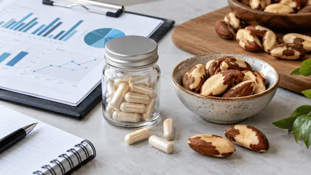Illustration of selenium-rich foods, a supplement bottle and an evidence balance graphic.