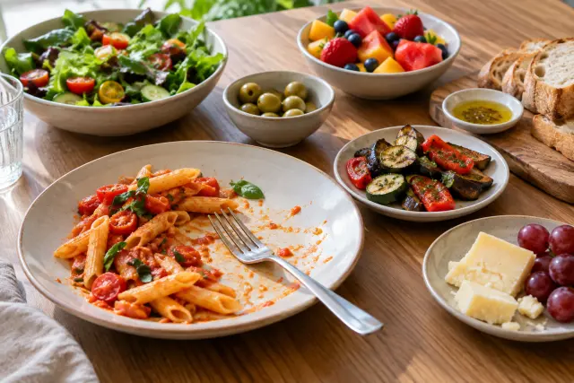 Partly eaten pasta surrounded by salad, fruit, bread, olives, grilled vegetables and cheese.