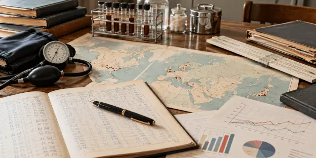 Vintage research desk with blood pressure cuff, maps, charts and sample tubes