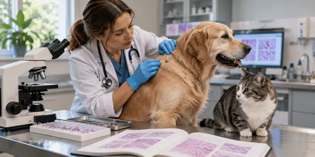 Veterinarian examines a dog's skin mass beside a cat, microscope and tissue slides
